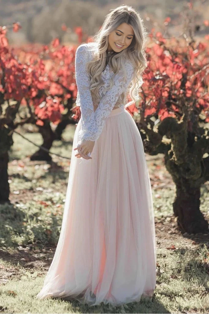 Vestido de novia de playa de dos piezas, mangas largas, apliques de encaje, color rosa ruborizado